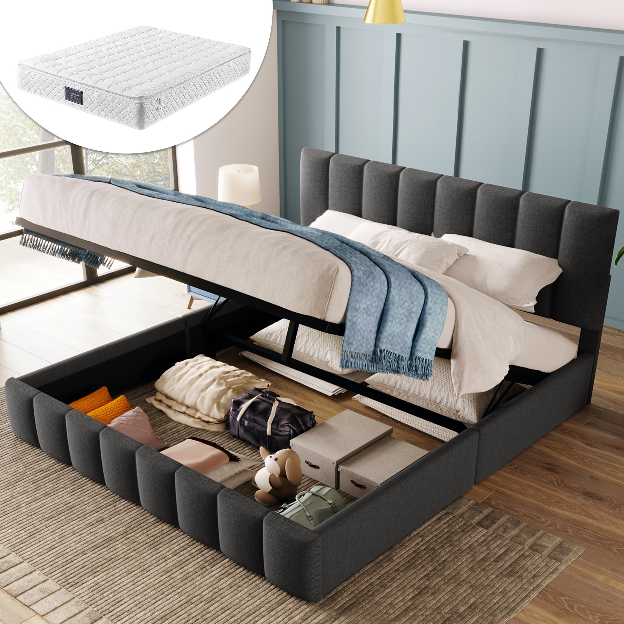 Hydraulic Double Upholstered Bed, Adjustable Headboard with Storage and Mattress, Grey Linen