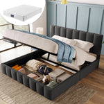 Hydraulic Double Upholstered Bed, Adjustable Headboard with Storage and Mattress, Grey Linen