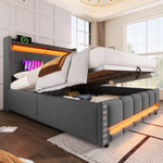 Upholstered Bed 160x200cm with LED & Storage, Grey Linen