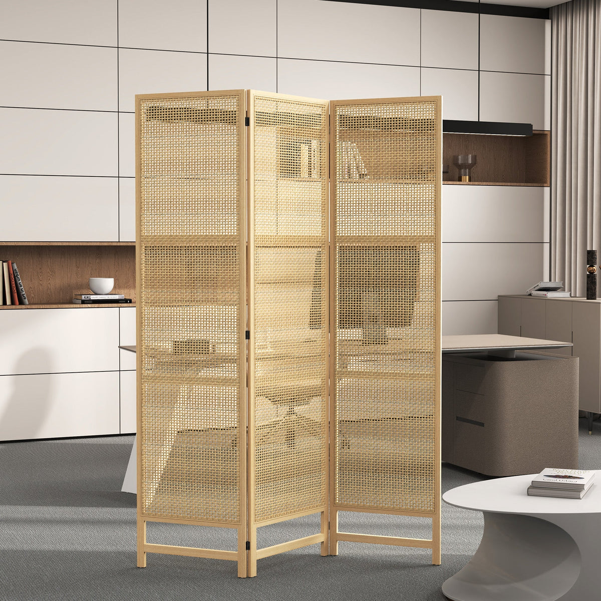 Folding Screen 3-Part Room Divider PP Rattan, Natural