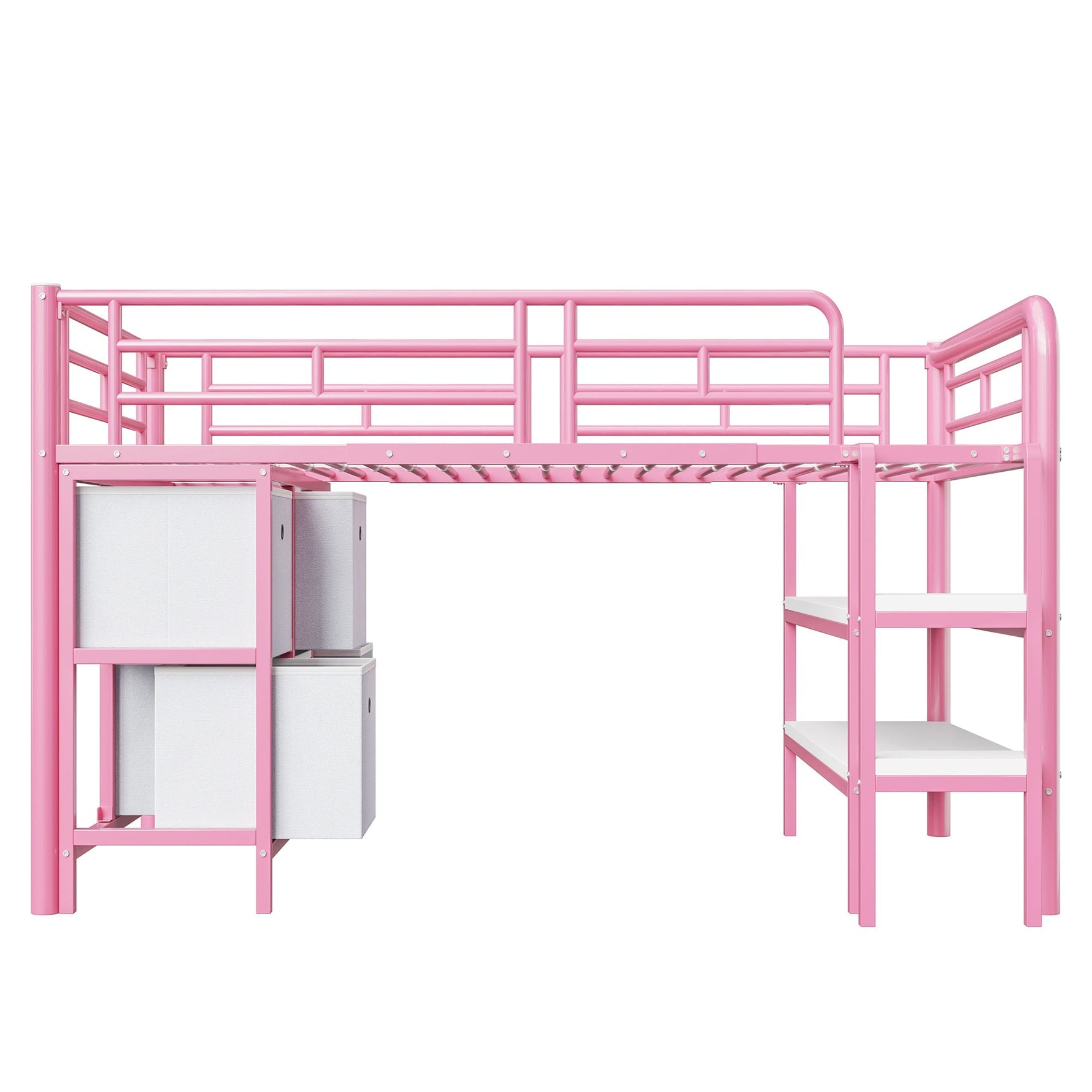 Children's Loft Bed with Metal Frame, Storage Drawers and Shelves, Pink