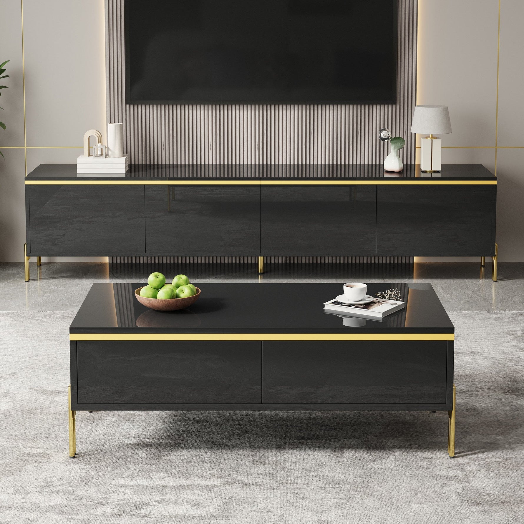 Modern Luxury TV Cabinet & Coffee Table Set - High-Gloss Gold Edges Storage