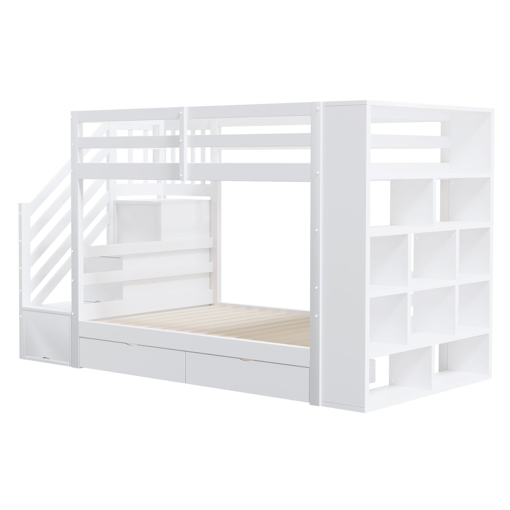 Bunk Bed with Storage Stairs and Drawers, 90x200cm, Pine Wood, White and Grey
