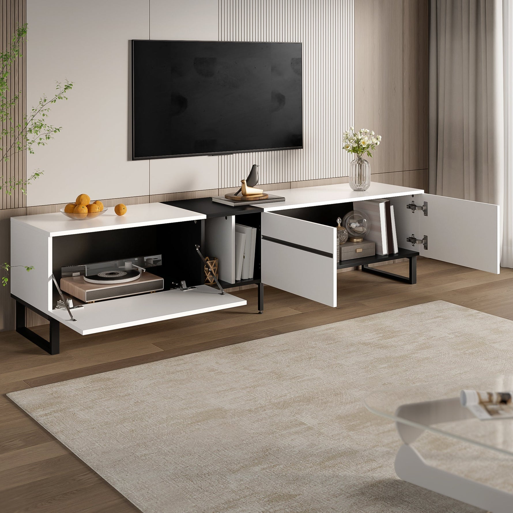 TV Stand 180cm Drop-Down Open Shelves Double Doors - White