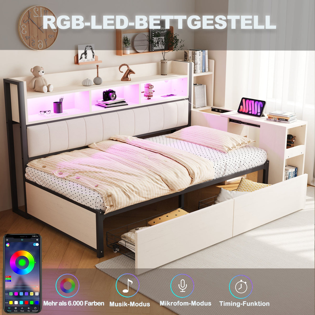 Iron Sofa Bed 90x200cm Storage Drawers Desk LED White