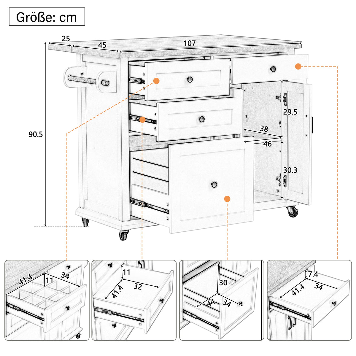 Mobile Kitchen Island, Extendable Dining Table Multifunctional Drawers, White