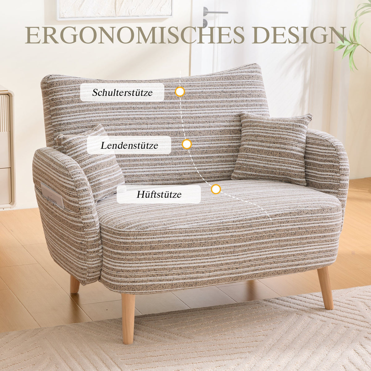 Modern Two-Seater Sofa with Armrest Cushions and Storage Bag, Loop Fabric