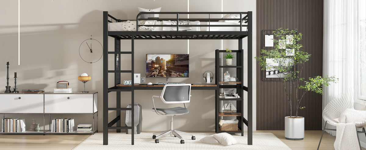 Loft Bed with Desk & Shelves 90x200cm - Black & Dark Wood