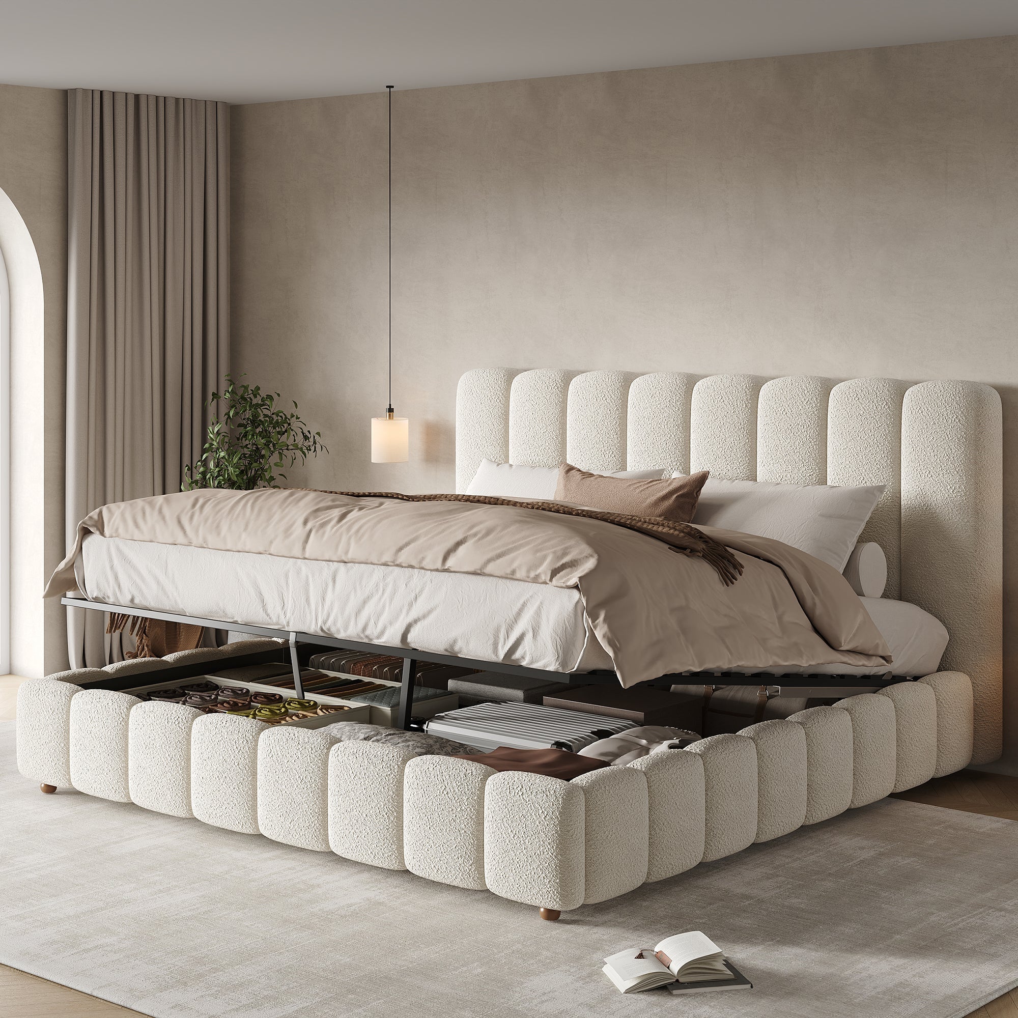 Upholstered Double Bed with Hydraulic Storage and Slatted Frame, 160x200cm, White Bouclé