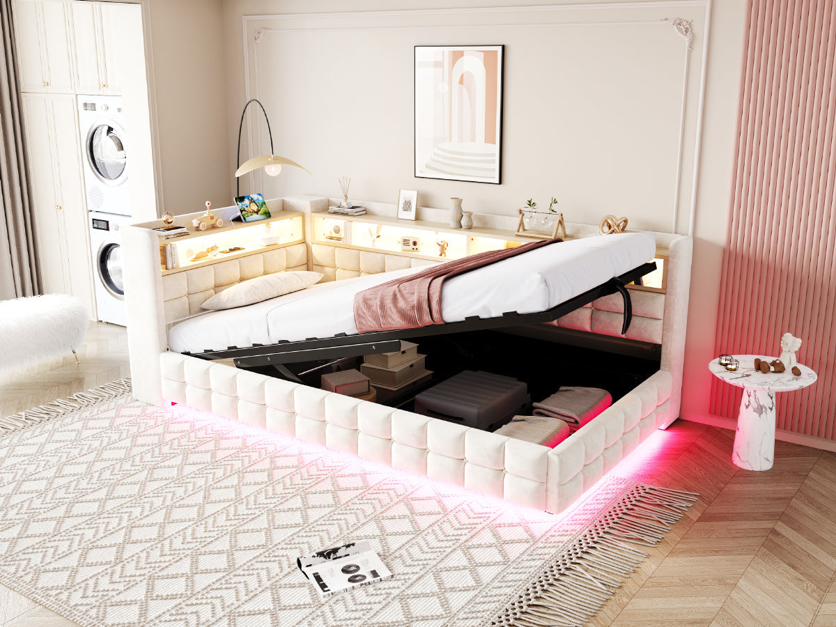 Upholstered Sofa Bed 90x200cm Hydraulic Storage LED USB Ports Beige Velvet