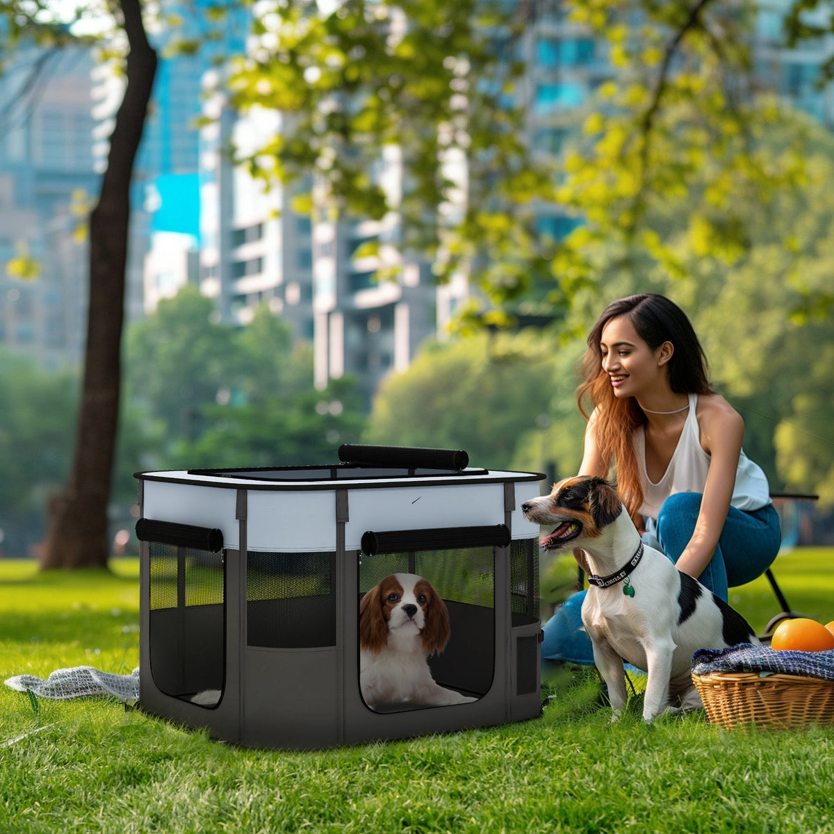 Puppy Playpen Foldable with Doors, Windows, Breathable Mesh, 74x60x45cm Grey