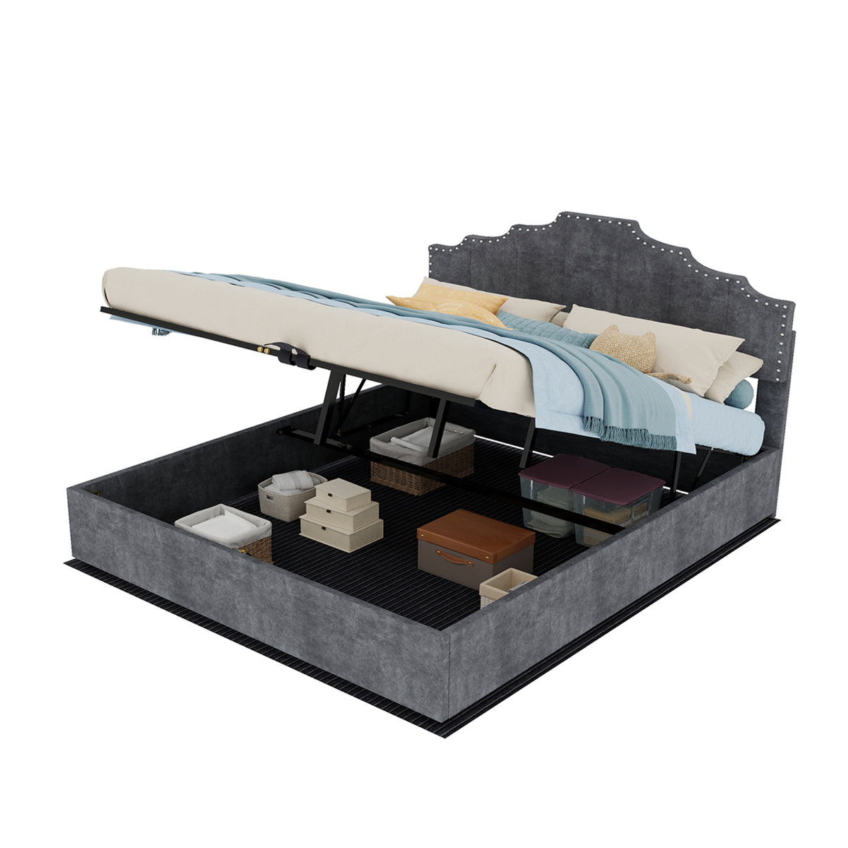 Modern Soft Bed with Mattress & Storage, 160x200cm, Gray