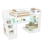 Loft Bed 90x200 with Desk, Shelves & Storage Stairs, White