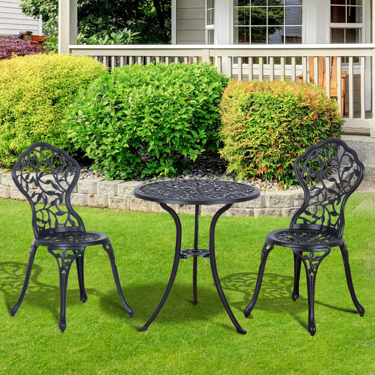 Bistro Set for 2, Balcony Set with Table & 2 Chairs, Black