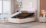 Upholstered Children's Bed 90x200cm, LED, Hydraulic Storage, Adjustable Headboard, Velvet Beige