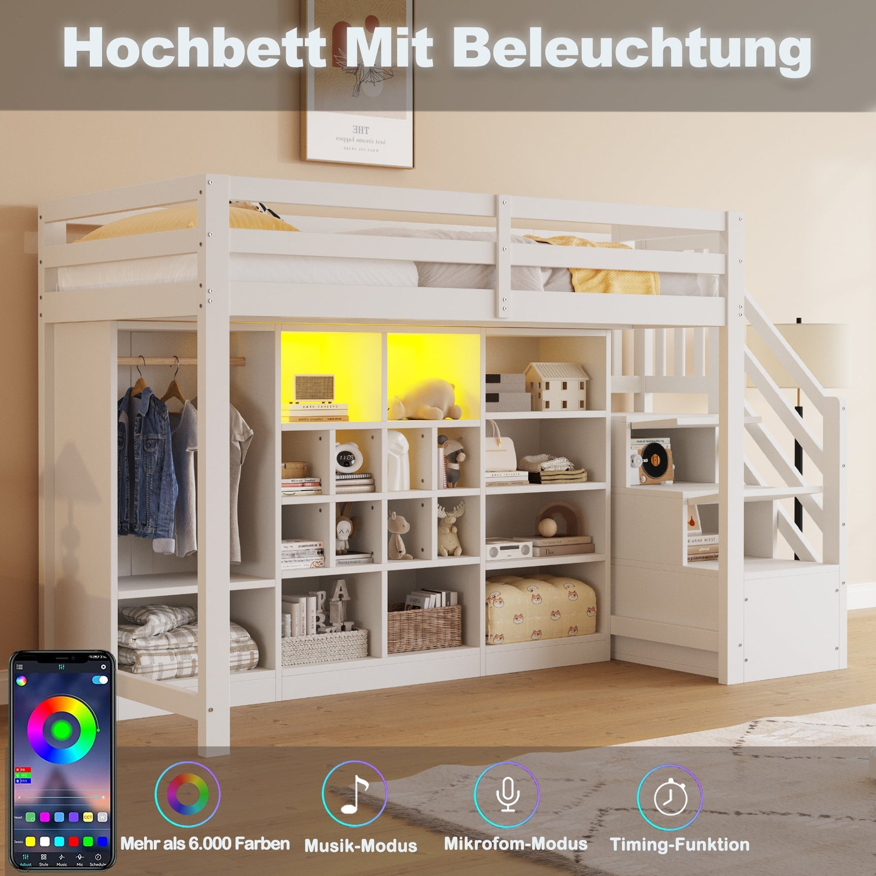 Loft Bed with Wardrobe, Storage Cabinets, LED and Storage Ladder, 90x200cm, White
