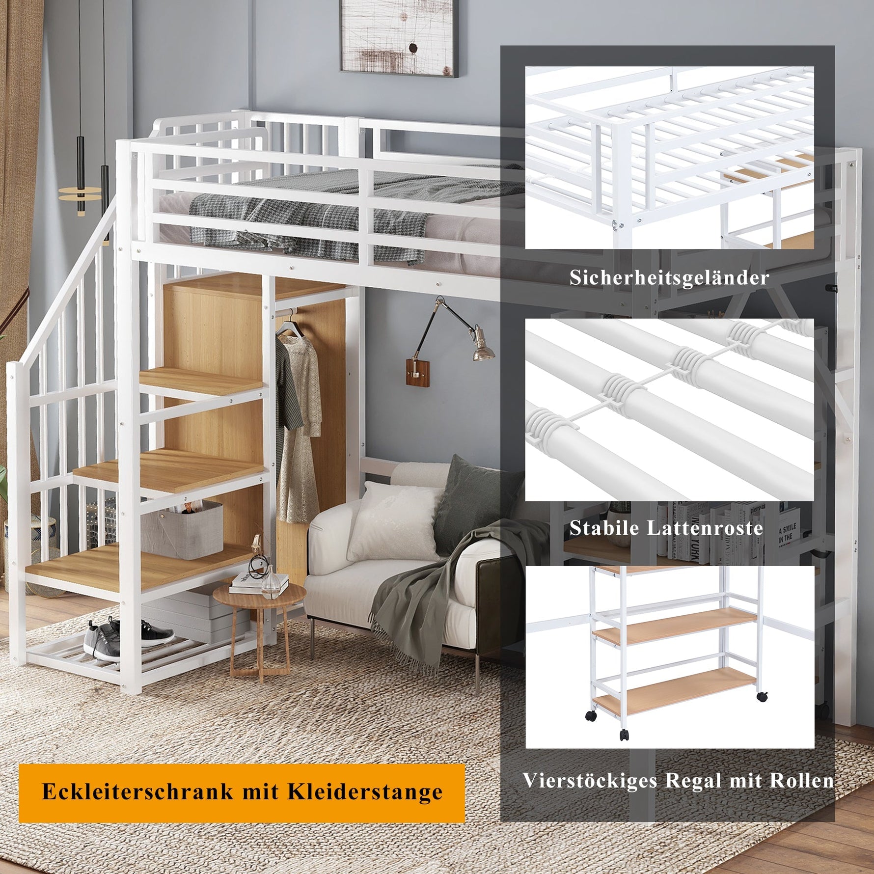 Loft Bed with Shelf, Wardrobe, Safety Railing, Iron + MDF, White/Natural 90x200cm