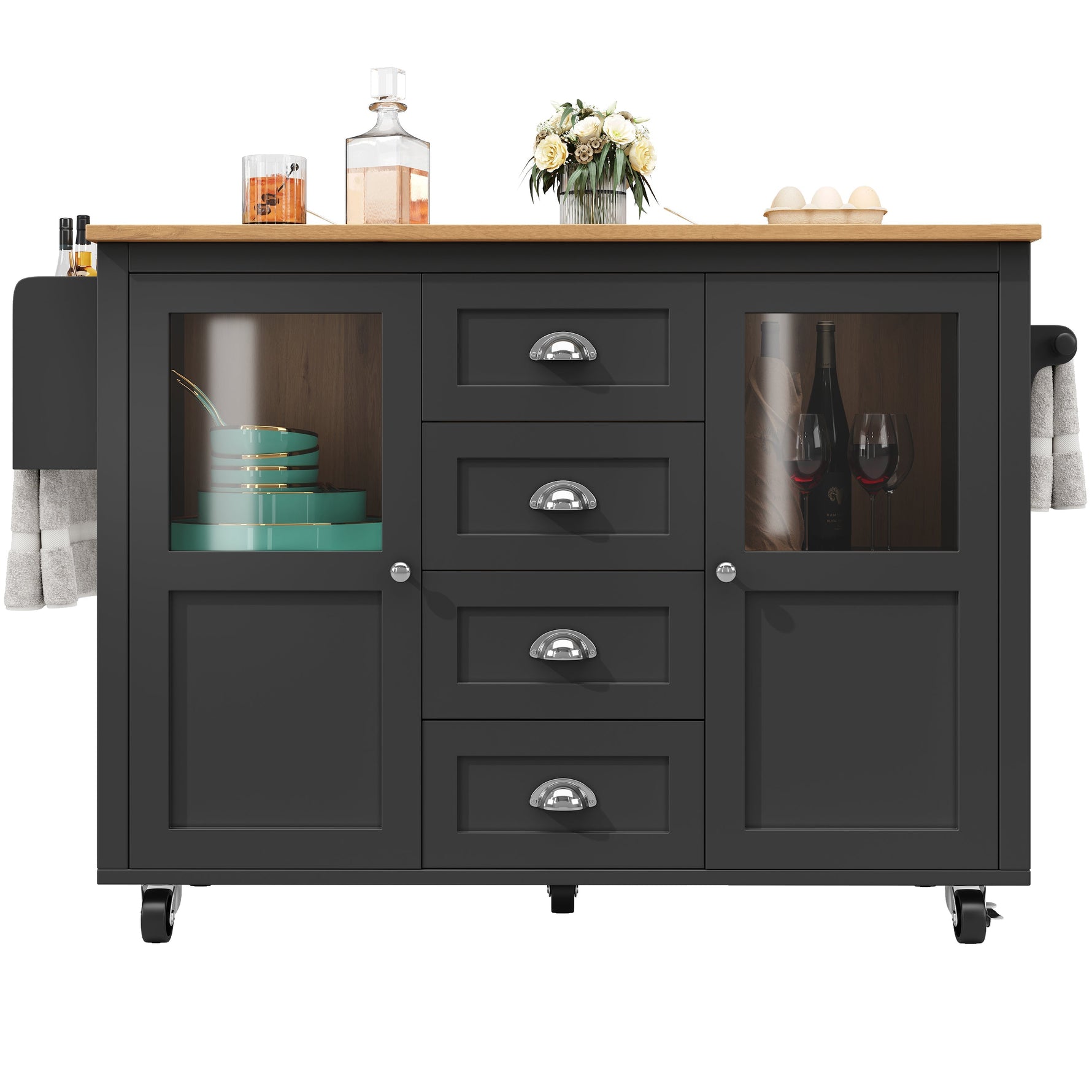 Extendable Kitchen Island Mobile Storage Drawers Spice Rack - White/Black