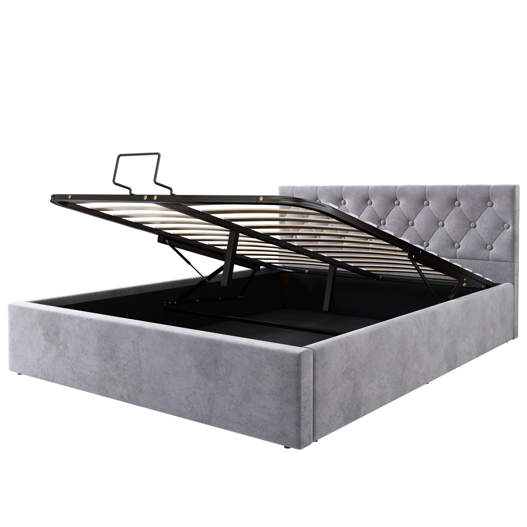 Velvet Upholstered Double Bed with Hydraulic Storage, Grey