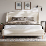 Upholstered Bed 140x190 cm with Winged Headboard and Slatted Base, Ivory White Bouclé Fabric