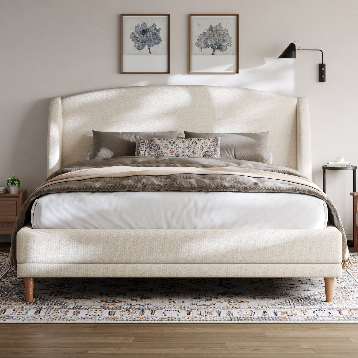 Upholstered Bed 140x190 cm with Winged Headboard and Slatted Base, Ivory White Bouclé Fabric