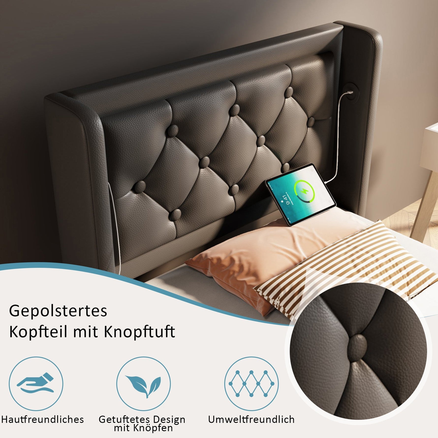 Upholstered Bed, 90x200cm Hydraulic Storage with USB, LED, Black PU