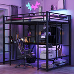 Metal Loft Bed, 140x200 cm, with Ladder, Table, and Storage, Black