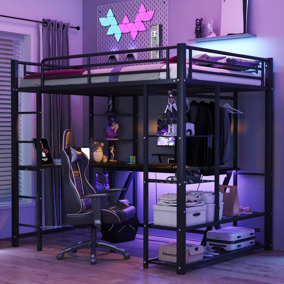 Metal Loft Bed, 140x200 cm, with Ladder, Table, and Storage, Black