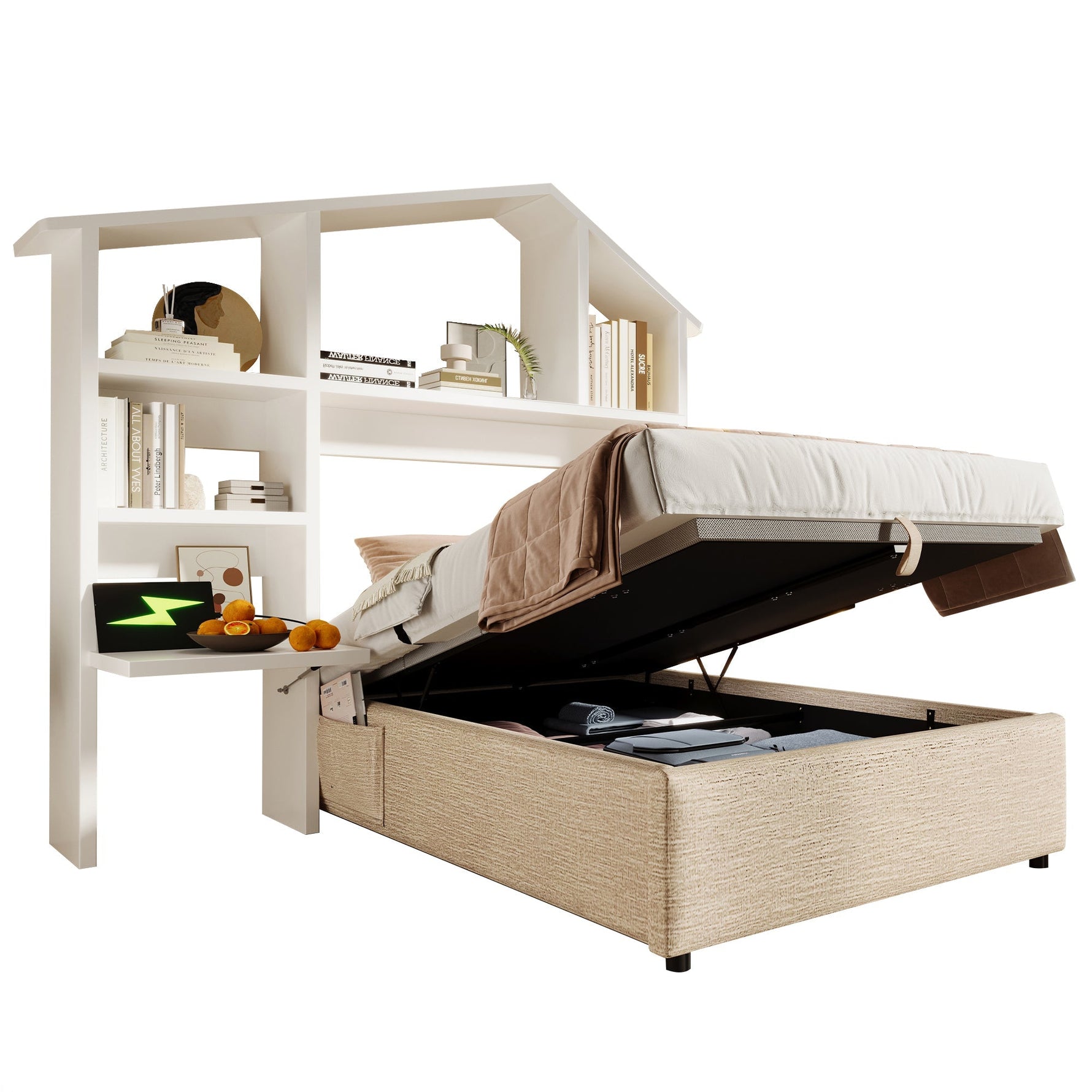 Children's Upholstered Bed 90x200cm, Bookshelf Hydraulic Storage USB-C, Linen Natural/White