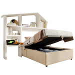 Children's Upholstered Bed, 90x190 cm with Bookcase, Hydraulic Storage & USB-C, Single, Linen