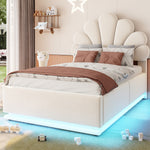 Upholstered Bed 90x200cm, Flower Headboard & Storage, Beige Velvet