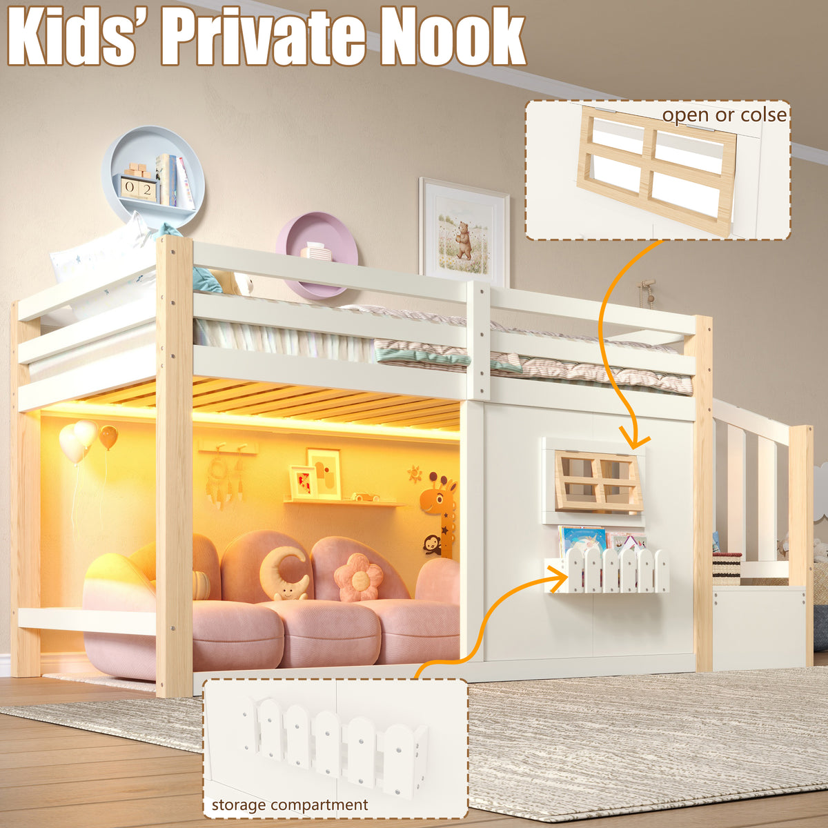 Loft Bed 90x200cm with Window, Storage & LED, Natural White Pine