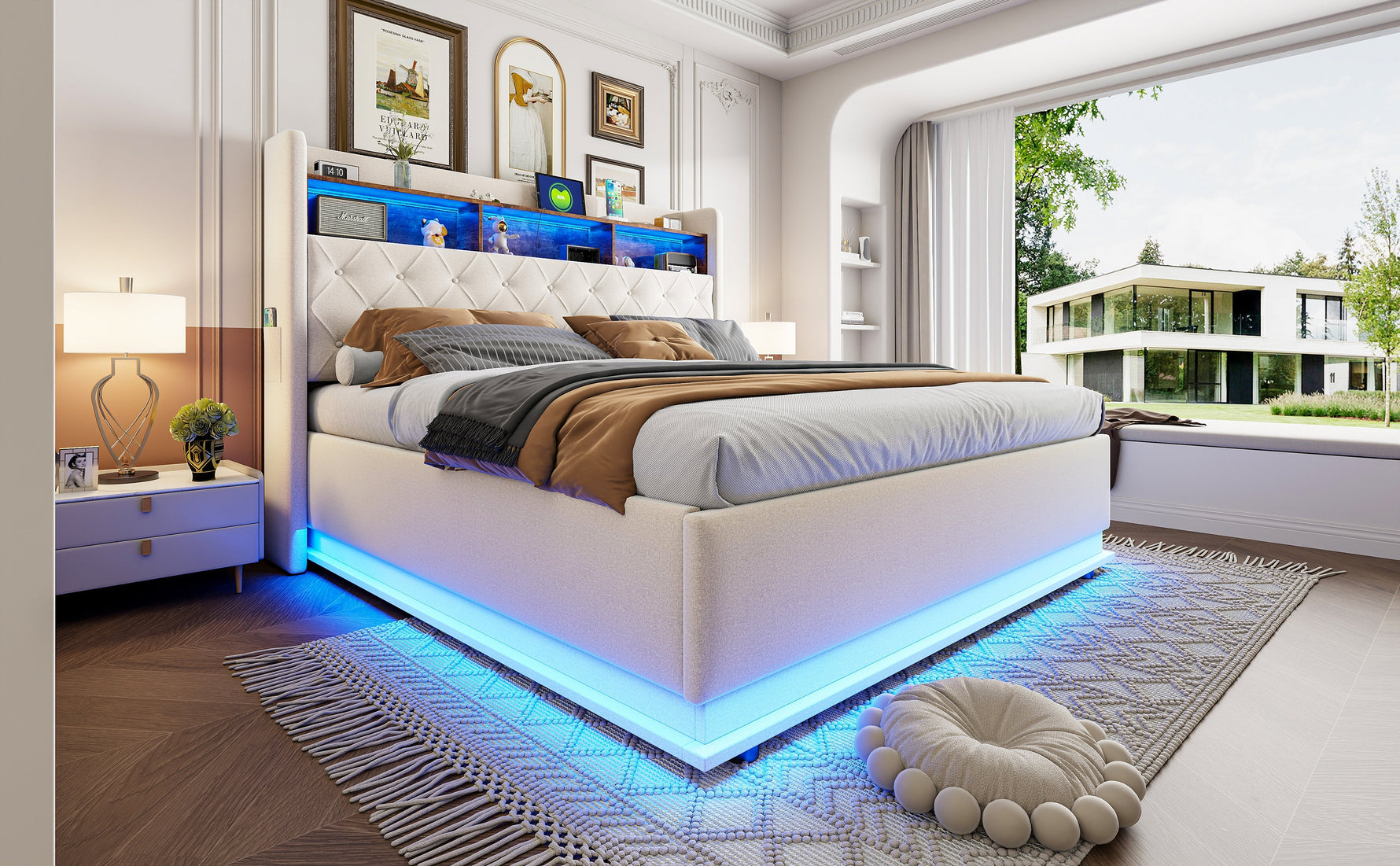 LED Upholstered Bed with USB & Hydraulic Storage, Linen Beige