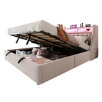 Upholstered Bed 180 x 200 cm, Hydraulic Storage with Fold-Down Headboard and LED Lighting, Beige Velvet