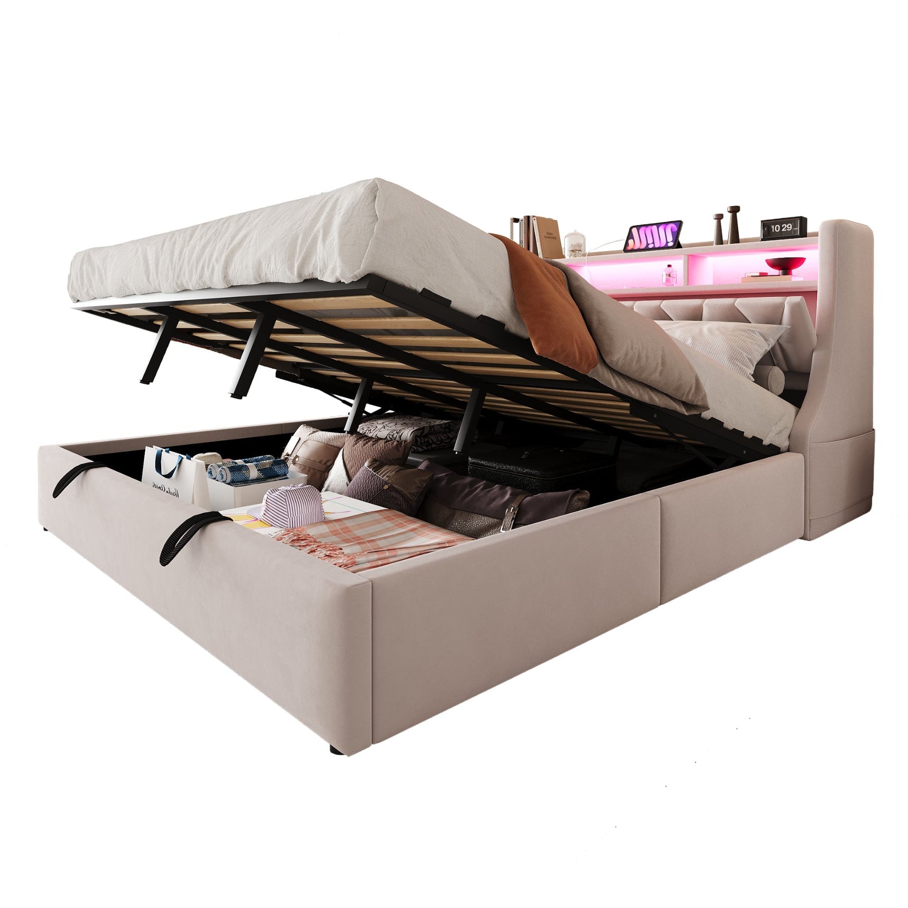 Upholstered Bed 180 x 200 cm, Hydraulic Storage with Fold-Down Headboard and LED Lighting, Beige Velvet