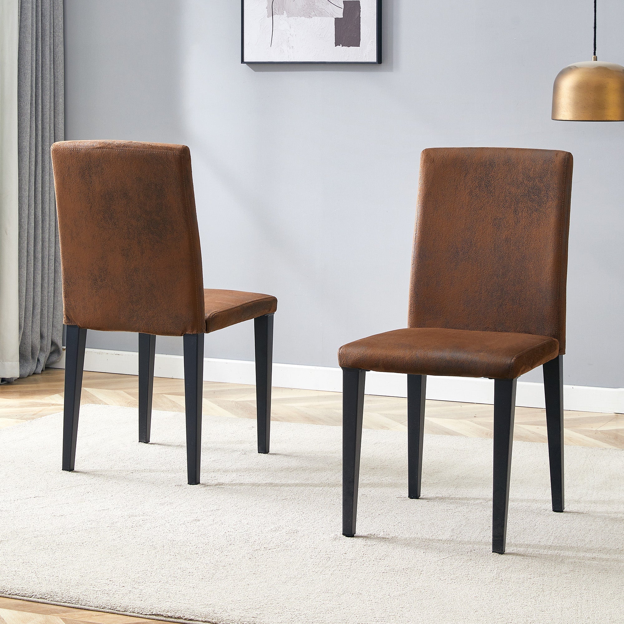 Minimalist Dining Chairs Set of 2 with Metal Legs, Brown Woven Fabric