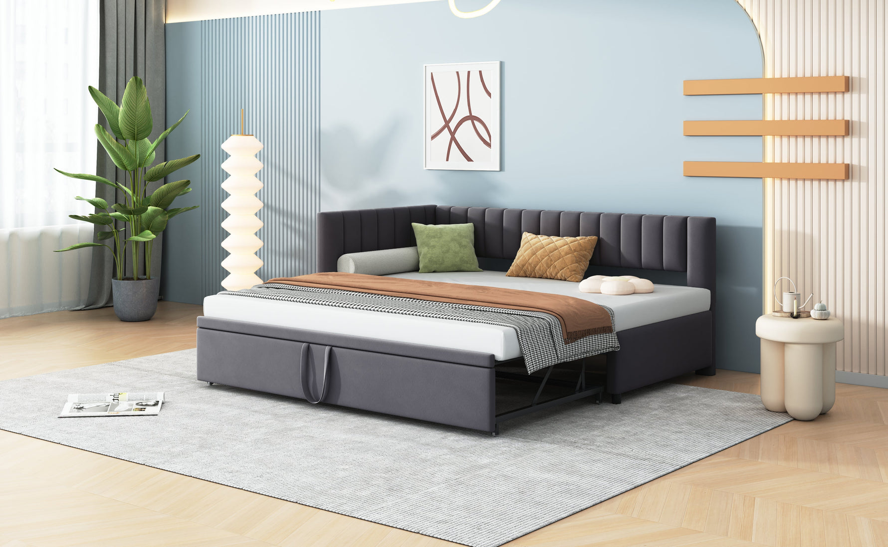 Upholstered Bed 140x200cm Hydraulic Storage USB-C LED Headboard Beige
