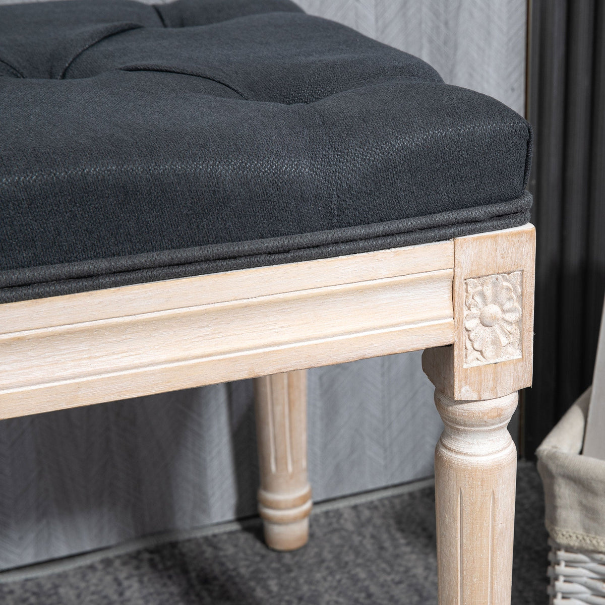 Upholstered Bench Vintage, Seat Bed Hallway with Buttons, Dark Grey Linen