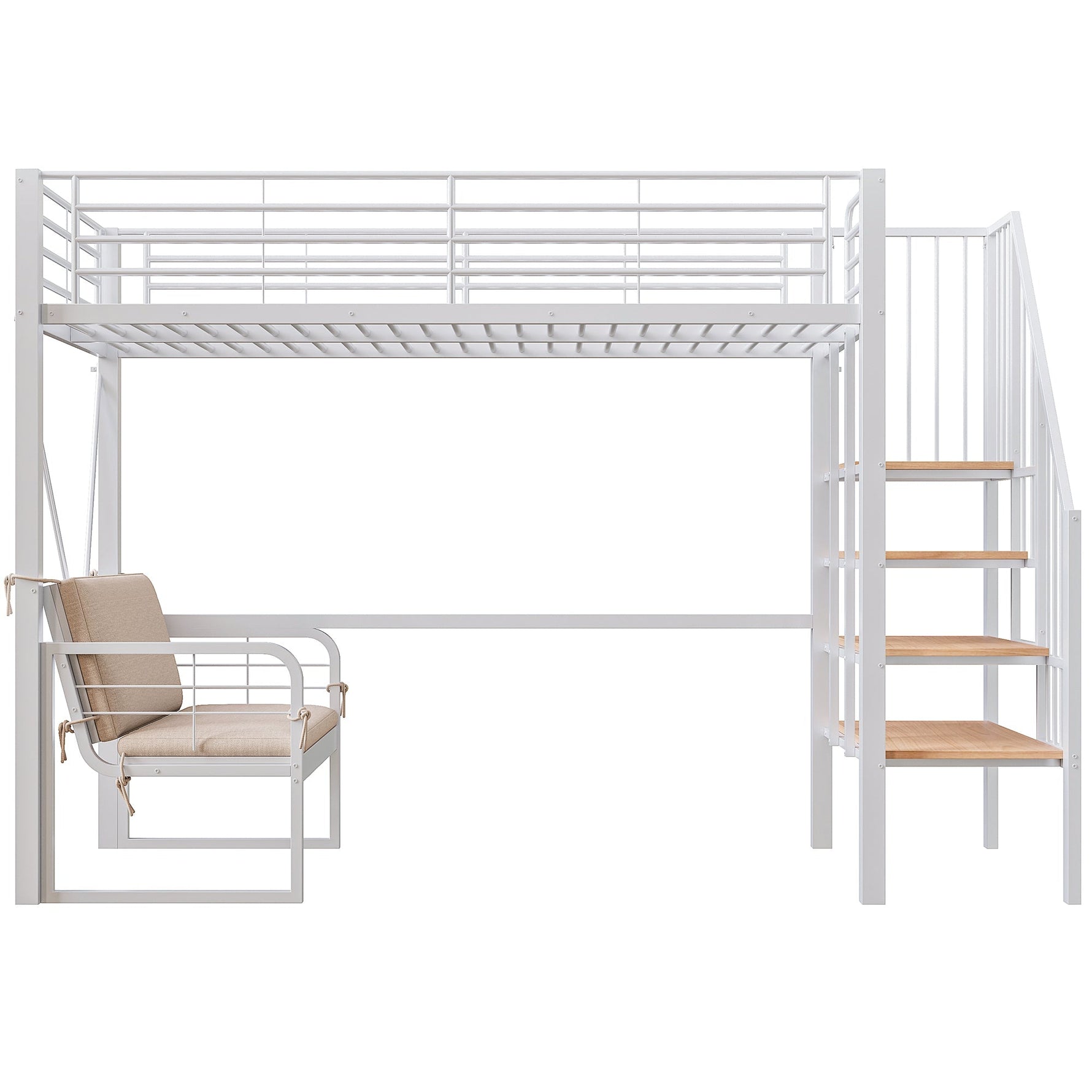 Bunk Bed with Removable Sofa, Storage and Safety Stairs, 90x200cm, White Metal
