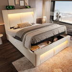 Single Bed 90x200 cm with Hydraulic Storage, LED Lighting, USB Ports and Mattress, Beige Velvet
