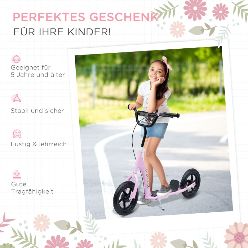 Kids Kick Scooter, 12-inch Wheels, Handbrake & Kickstand, Steel, Pink