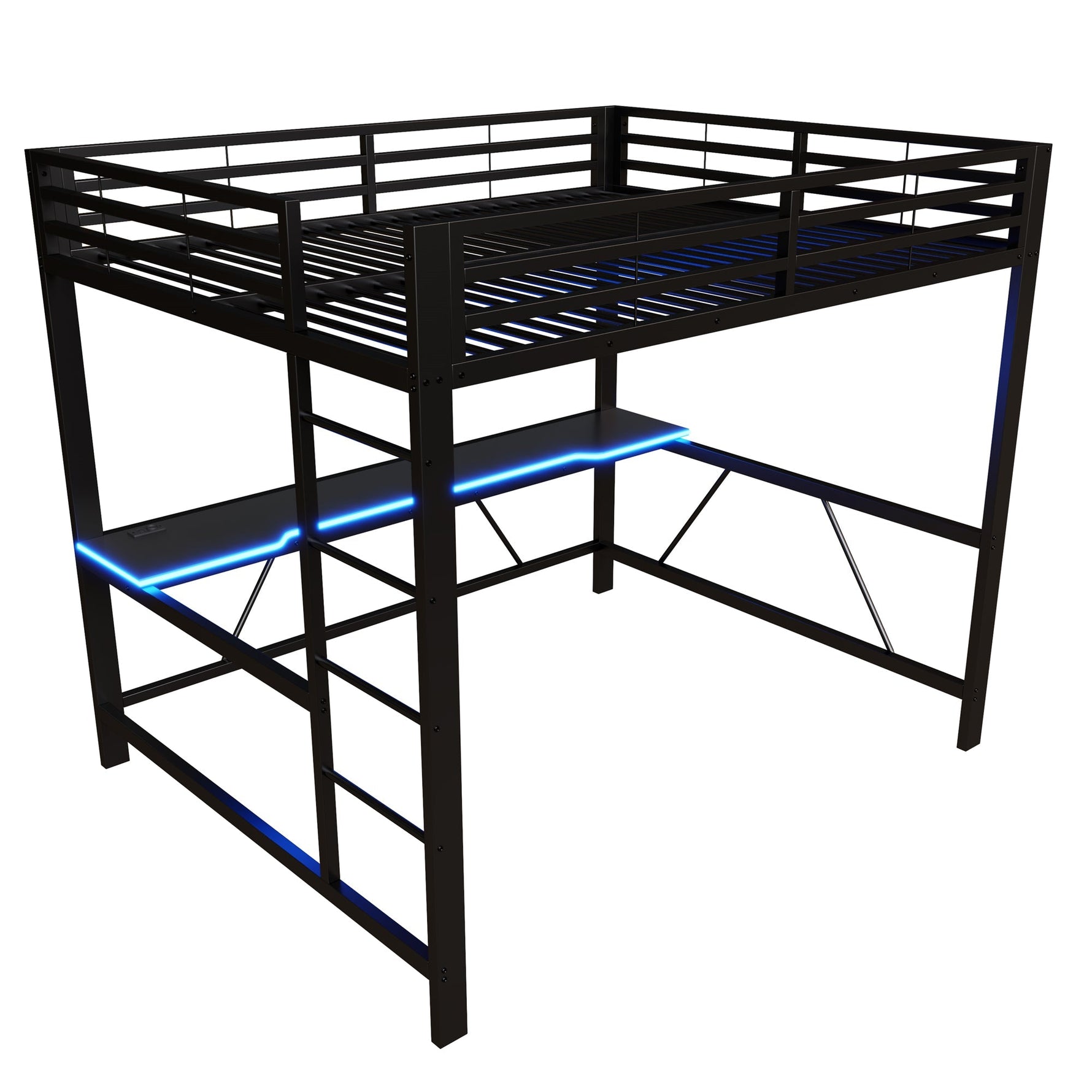 Gaming Metal Loft Bed Frame with LED Lighting, USB Station and Desk, 160x200, Black