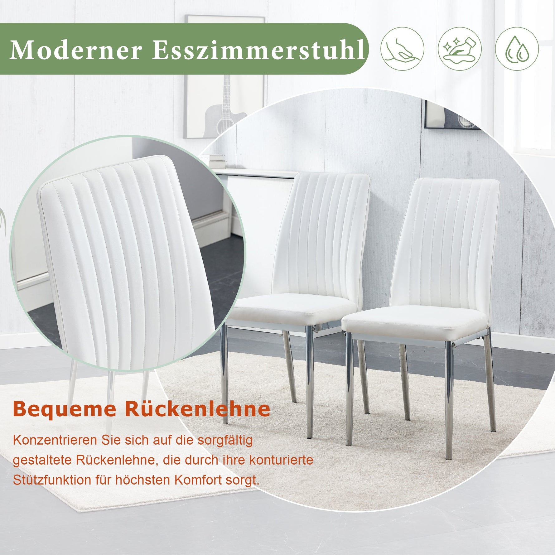 Dining Chairs 4-Piece Set, Silver Metal Legs, White PU Leather
