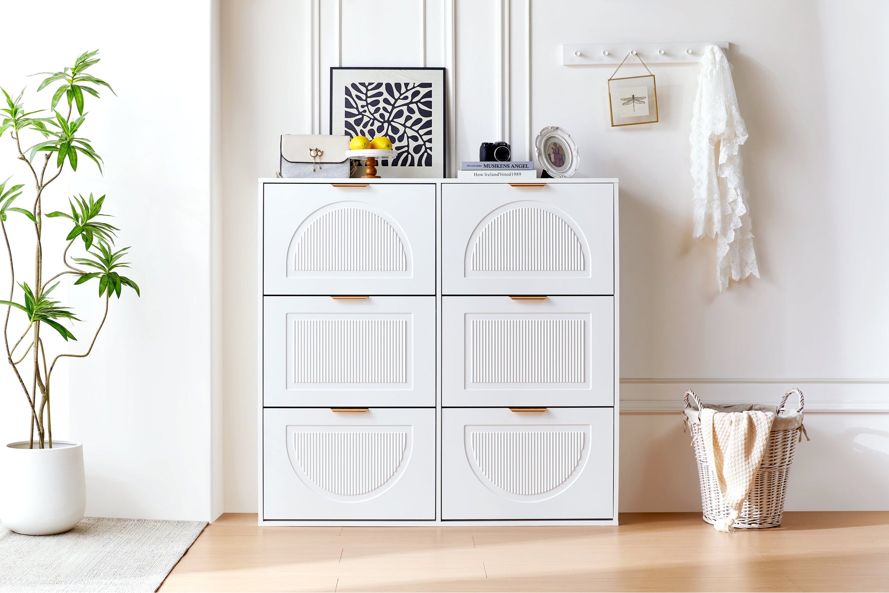 Shoe Cabinet 6 Flaps Open Shelves Freestanding 118x115x25cm - White