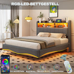 Upholstered Bed, 140*200, LED Light, USB/Type-C, Linen Fabric Gray