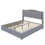 Upholstered Bed 140x200cm with USB & Storage, 4-Drawer, Linen Fabric Gray