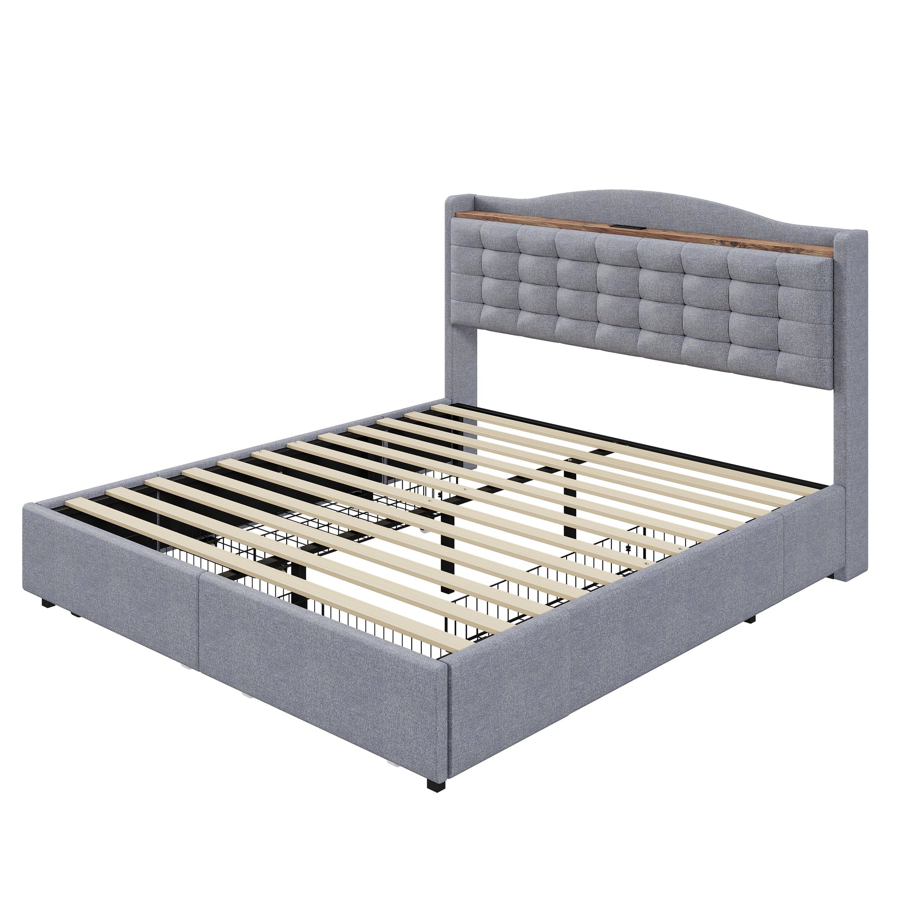 Upholstered Bed 140x200cm with USB & Storage, 4-Drawer, Linen Fabric Gray