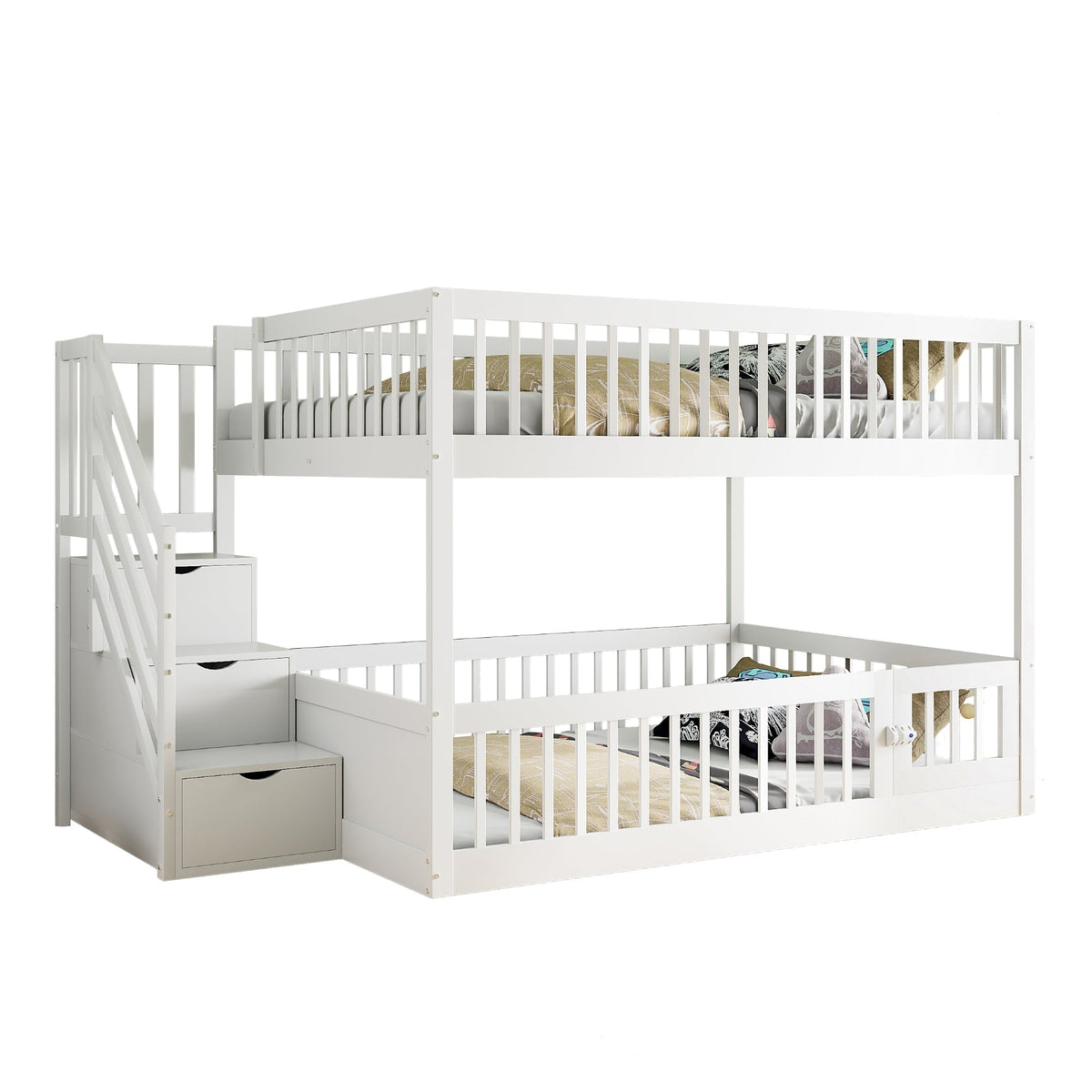 Bunk Bed 140x200, with Safety Stairs and Storage Drawers, White Wood
