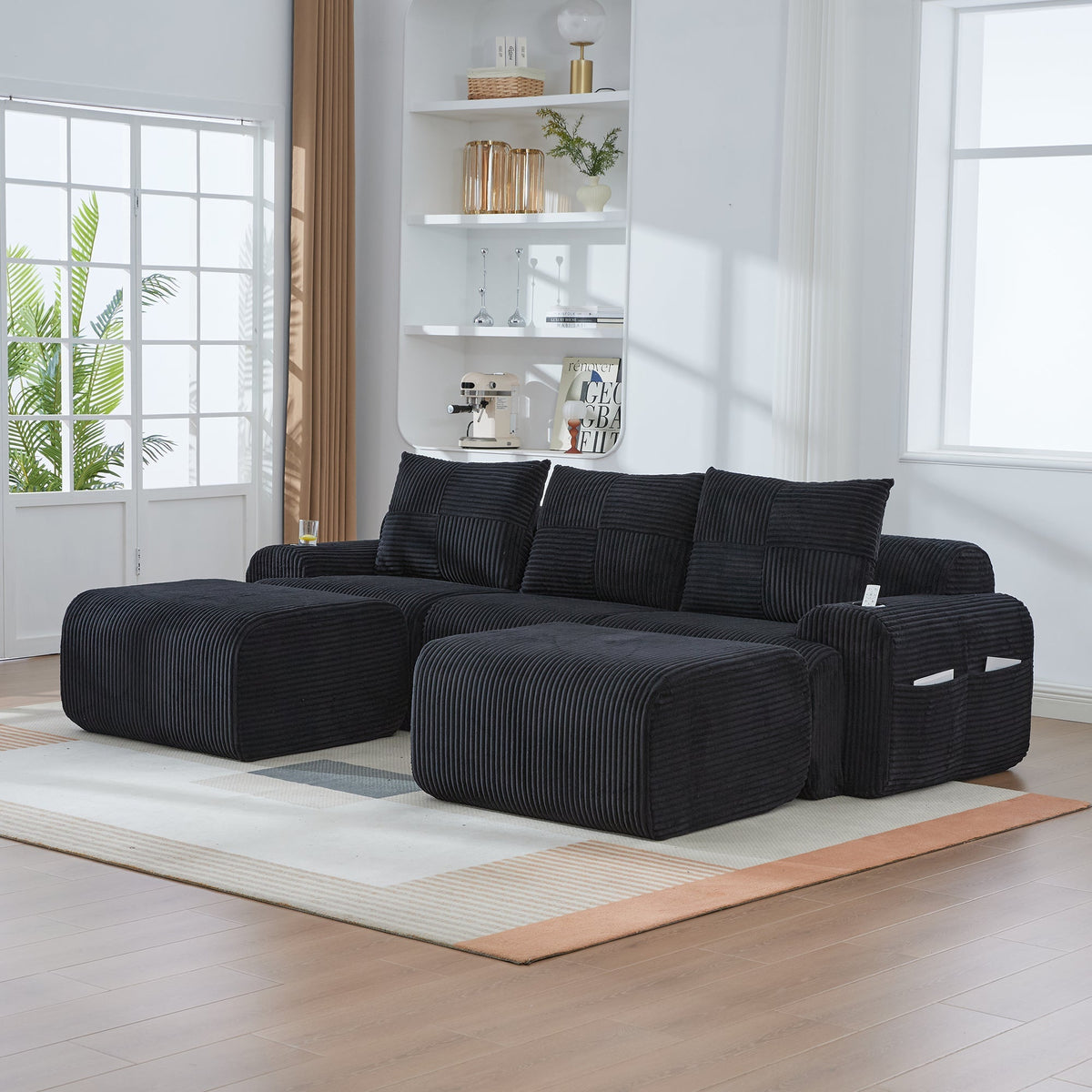 Modular Sofa - 3-Seater with 2 Ottomans, Modular, Cup Holders, Storage - Black Corduroy