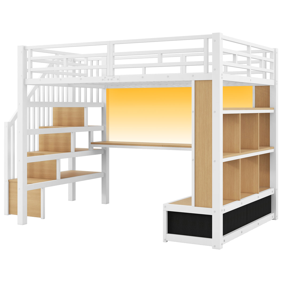 Metal Loft Bed 140x200 with Desk, Shelves & Storage - White